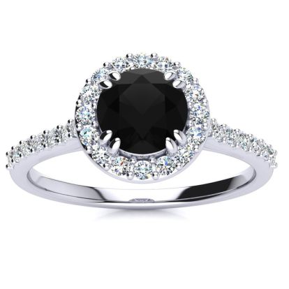 1 Carat Round Shape Halo Black Diamond Engagement Ring In 14 Karat White Gold