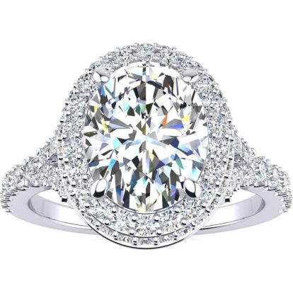 2 Carat Oval Shape Halo Lab Grown Diamond Engagement Ring With 1 1/2 Carat Center Lab Grown Diamond In 14K White Gold