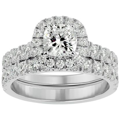 2 1/4 Carat Cushion Cut Halo Lab Grown Diamond Bridal Set In 14 Karat White Gold