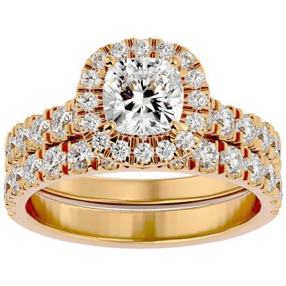 2 1/4 Carat Cushion Cut Halo Lab Grown Diamond Bridal Set In 14 Karat Yellow Gold
