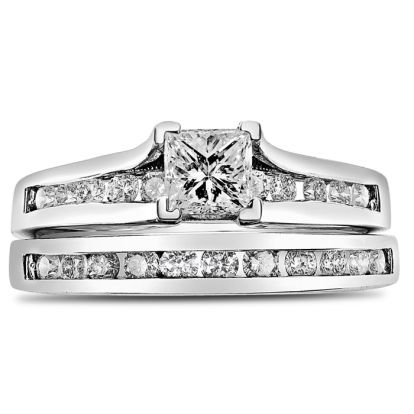 Estate Jewelry 1 Carat Princess Shape Diamond Bridal Set In 14 Karat White Gold, Size 10