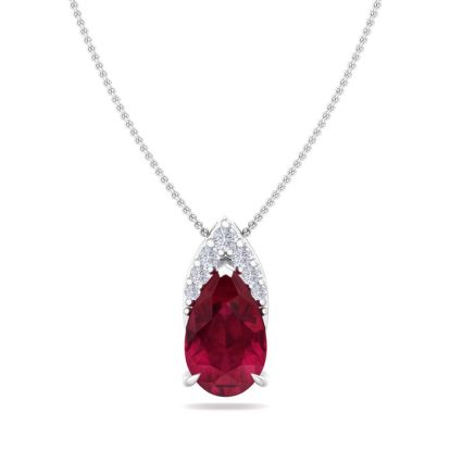 7/8 Carat Pear Shape Ruby and Diamond Necklace In 14 Karat White Gold, 18 Inches