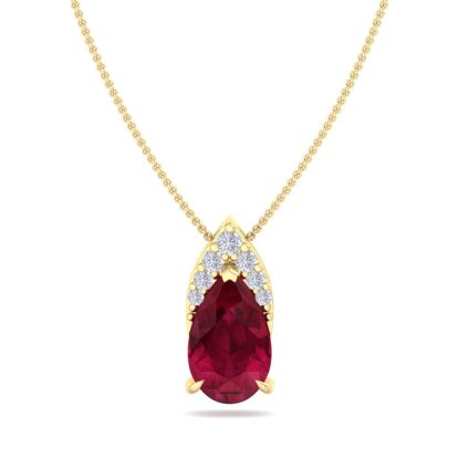 7/8 Carat Pear Shape Ruby and Diamond Necklace In 14 Karat Yellow Gold, 18 Inches