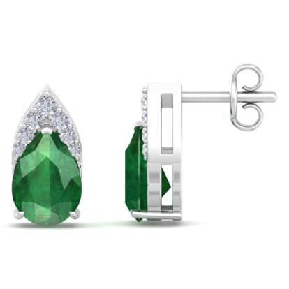 1 3/4 Carat Pear Shape Emerald and Diamond Earrings In 14 Karat White Gold