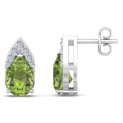 1 3/4 Carat Pear Shape Peridot and Diamond Earrings In 14 Karat White Gold