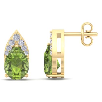 1 3/4 Carat Pear Shape Peridot and Diamond Earrings In 14 Karat Yellow Gold