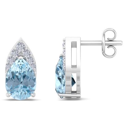 Aquamarine Earrings: Aquamarine Jewelry: 1 3/4 Carat Pear Shape Aquamarine and Diamond Earrings In 14 Karat White Gold