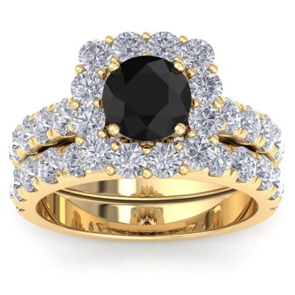3 1/2 Carat Black Diamond Halo Bridal Set In 14K Yellow Gold