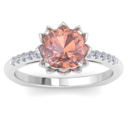 1-1/2 Carat Cushion Cut Morganite and Diamond Ring In 14K White Gold
