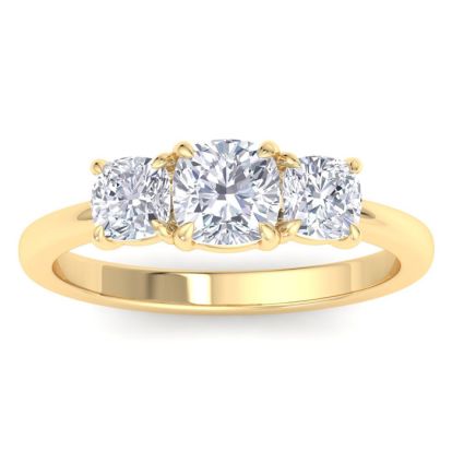 2 Carat Cushion Cut Lab Grown Diamond Three Stone Engagement Ring In 14K Yellow Gold