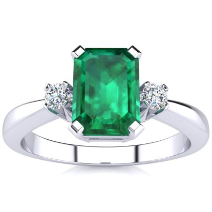 Emerald Ring: 2 1/2 Carat Octagon Shape Created Emerald and Diamond Ring In Sterling Silver