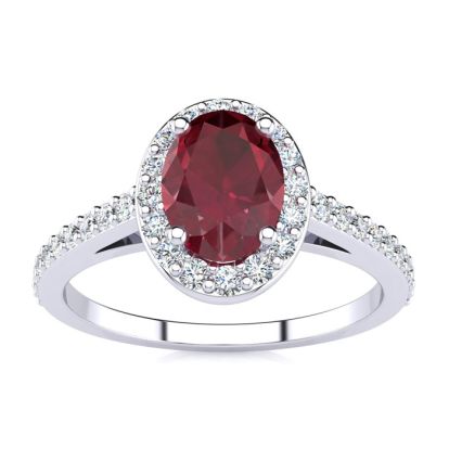 Ruby Ring: 1 Carat Oval Shape Created Ruby and Halo Diamond Ring In Sterling Silver