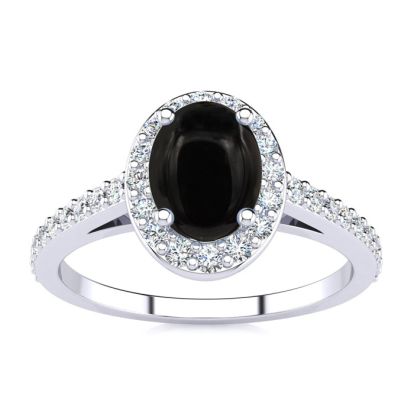 Black Onyx Ring: 1 Carat Oval Shape Black Onyx and Halo Diamond Ring In Sterling Silver