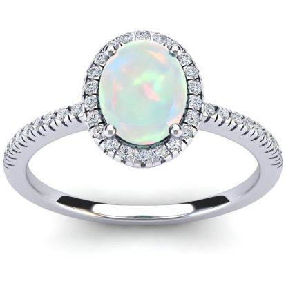 Opal Ring: 1 1/2 Carat Oval Shape Created Opal and Halo Diamond Ring In Sterling Silver