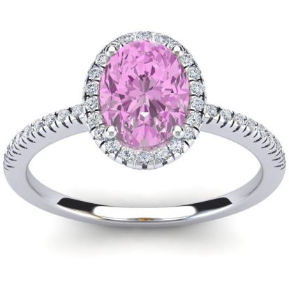 Pink Sapphire Ring: 1 1/2 Carat Oval Shape Created Pink Sapphire and Halo Diamond Ring In Sterling Silver