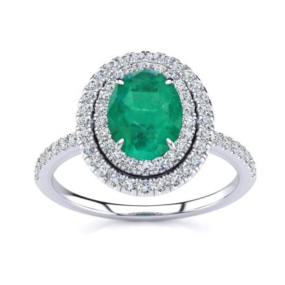 Emerald Ring: 1 1/2 Carat Oval Shape Created Emerald and Double Halo Diamond Ring In Sterling Silver