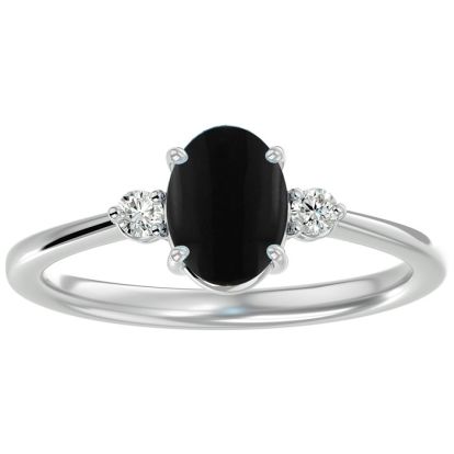 Black Onyx Ring: 1 1/3 Carat Oval Shape Black Onyx and Two Diamond Ring In Sterling Silver
