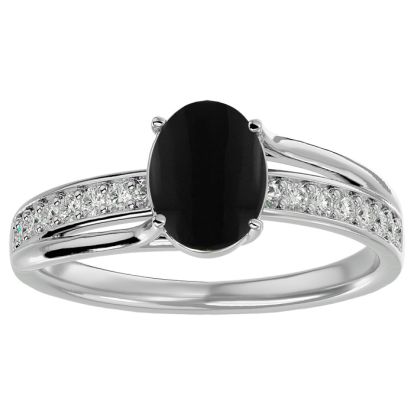 Black Onyx Ring: 1 1/2 Carat Oval Shape Black Onyx and Diamond Ring In Sterling Silver