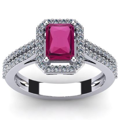 Ruby Ring: 1 1/2 Carat Octagon Shape Created Ruby and Halo Diamond Ring In Sterling Silver