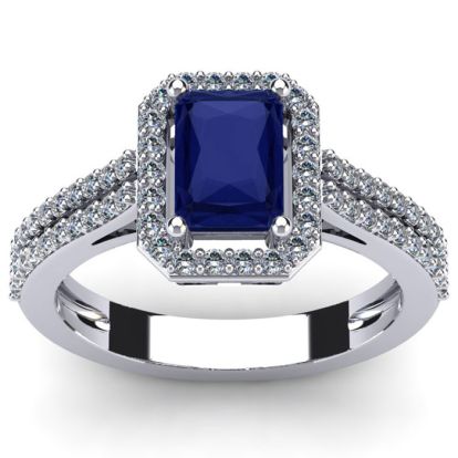 Sapphire Ring: 1 1/2 Carat Octagon Shape Created Sapphire and Halo Diamond Ring In Sterling Silver