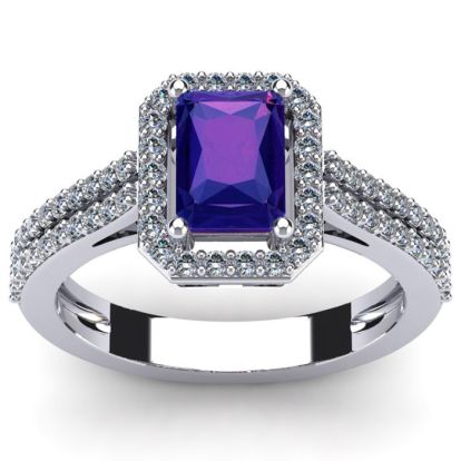 Amethyst Ring: 1 1/2 Carat Octagon Shape Amethyst and Halo Diamond Ring In Sterling Silver