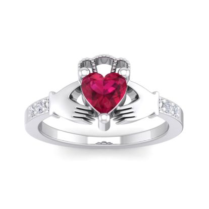 Ruby Ring: 1 Carat Heart Shape Created Ruby and Diamond Claddagh Ring In Sterling Silver