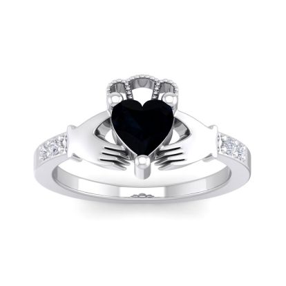Black Onyx Ring: 1 Carat Heart Shape Black Onyx and Diamond Claddagh Ring In Sterling Silver