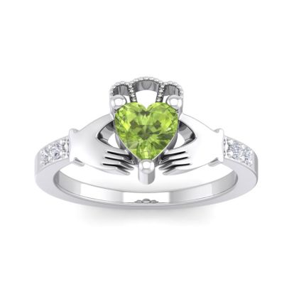 Peridot Ring: 1 Carat Heart Shape Peridot and Diamond Claddagh Ring In Sterling Silver