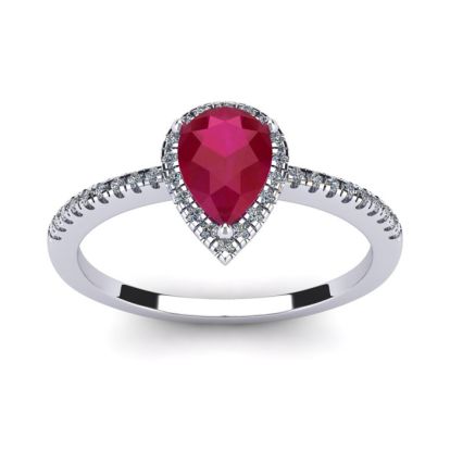 Ruby Ring: 1 Carat Pear Shape Created Ruby and Halo Diamond Ring In Sterling Silver