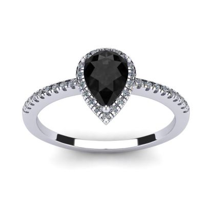 Black Onyx Ring: 1 Carat Pear Shape Black Onyx and Halo Diamond Ring In Sterling Silver