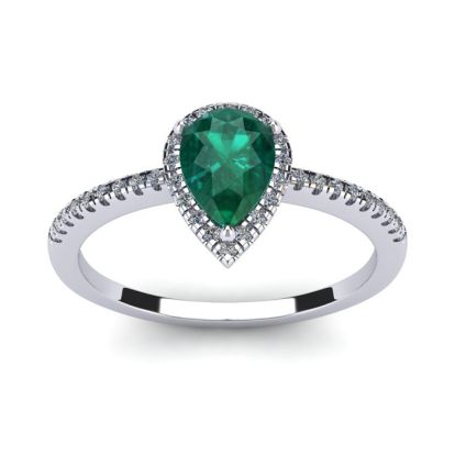 Emerald Ring: 1 Carat Pear Shape Created Emerald and Halo Diamond Ring In Sterling Silver