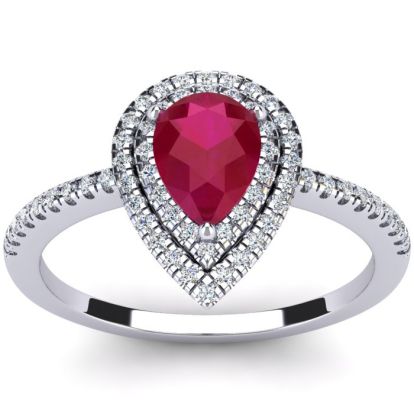 Ruby Ring: 1 Carat Pear Shape Created Ruby and Double Halo Diamond Ring In Sterling Silver
