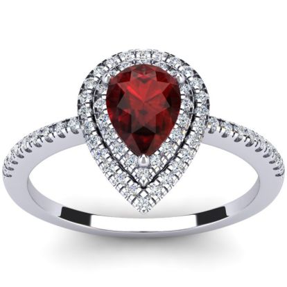 Garnet Ring: 1 Carat Pear Shape Garnet and Double Halo Diamond Ring In Sterling Silver
