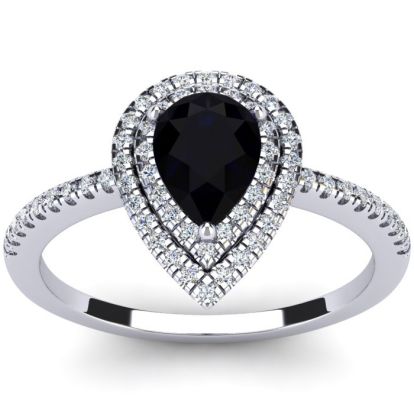 Black Onyx Ring: 1 Carat Pear Shape Black Onyx and Double Halo Diamond Ring In Sterling Silver
