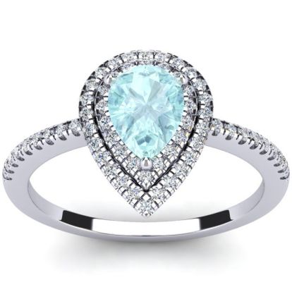 Aquamarine Ring: 1 Carat Pear Shape Aquamarine and Double Halo Diamond Ring In Sterling Silver