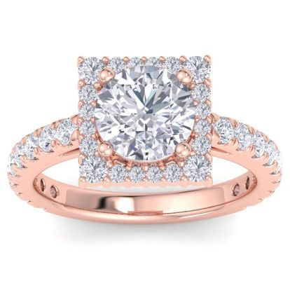 3 Carat Round Lab Grown Diamond Square Halo Engagement Ring In 14K Rose Gold