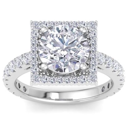 4 Carat Round Lab Grown Diamond Square Halo Engagement Ring In 14K White Gold