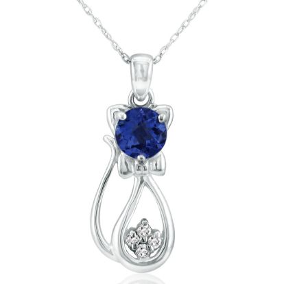 1 Carat Sapphire and Diamond Cat Necklace In 10K White Gold, 18 Inches