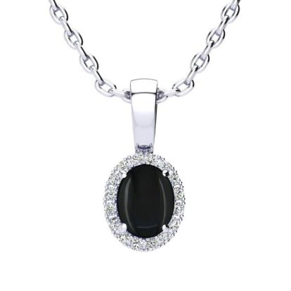 1/2 Carat Oval Shape Black Onyx and Halo Diamond Necklace In Sterling Silver With 18 Inch Chain