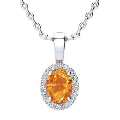 1 Carat Oval Shape Citrine and Halo Diamond Necklace In Sterling Silver With 18 Inch Chain