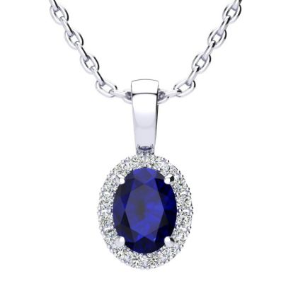 1 Carat Oval Shape Sapphire and Halo Diamond Necklace In Sterling Silver With 18 Inch Chain
