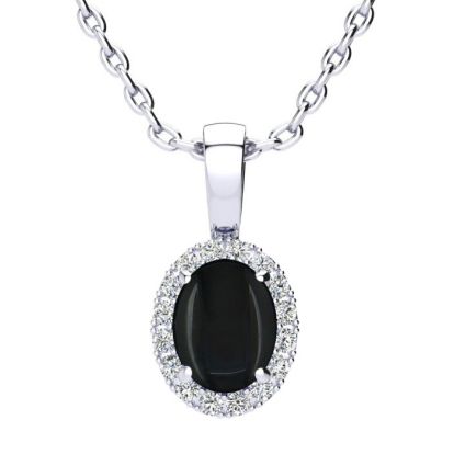 1 Carat Oval Shape Black Onyx and Halo Diamond Necklace In Sterling Silver With 18 Inch Chain