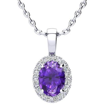 1 1/4 Carat Oval Shape Amethyst and Halo Diamond Necklace In Sterling Silver With 18 Inch Chain