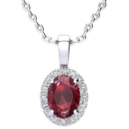 1 1/4 Carat Oval Shape Ruby and Halo Diamond Necklace In Sterling Silver With 18 Inch Chain