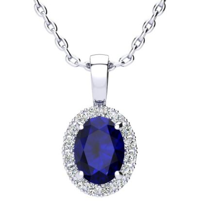 1 1/4 Carat Oval Shape Sapphire and Halo Diamond Necklace In Sterling Silver With 18 Inch Chain