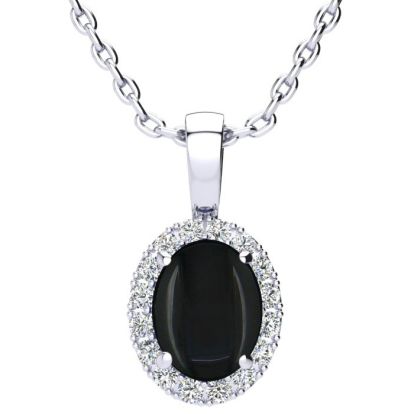 1 1/4 Carat Oval Shape Black Onyx and Halo Diamond Necklace In Sterling Silver With 18 Inch Chain