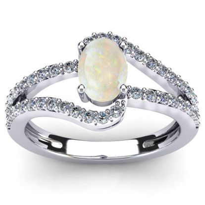 Opal Ring: 1.40 Carat Oval Shape Created Opal and Fancy Diamond Ring In Sterling Silver
