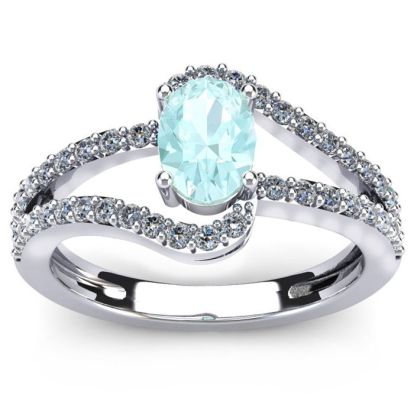 Aquamarine Ring: 1.40 Carat Oval Shape Aquamarine and Fancy Diamond Ring In Sterling Silver