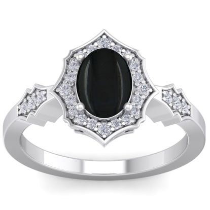 Black Onyx Ring: 1 1/2 Carat Oval Shape Black Onyx and Halo Diamond Ring In Sterling Silver
