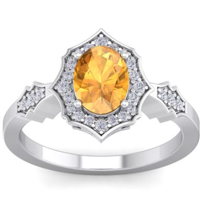 Citrine Ring: 1 1/2 Carat Oval Shape Citrine and Halo Diamond Ring In Sterling Silver